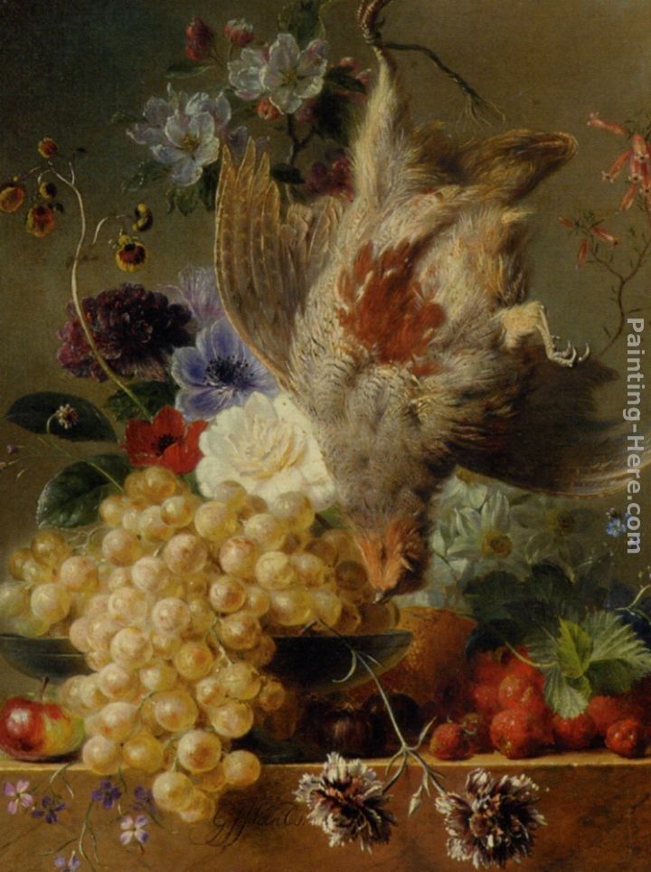 George Jacobus Johannes Van Grapes Strawberries Chestnuts an Apple and Spring Flowers